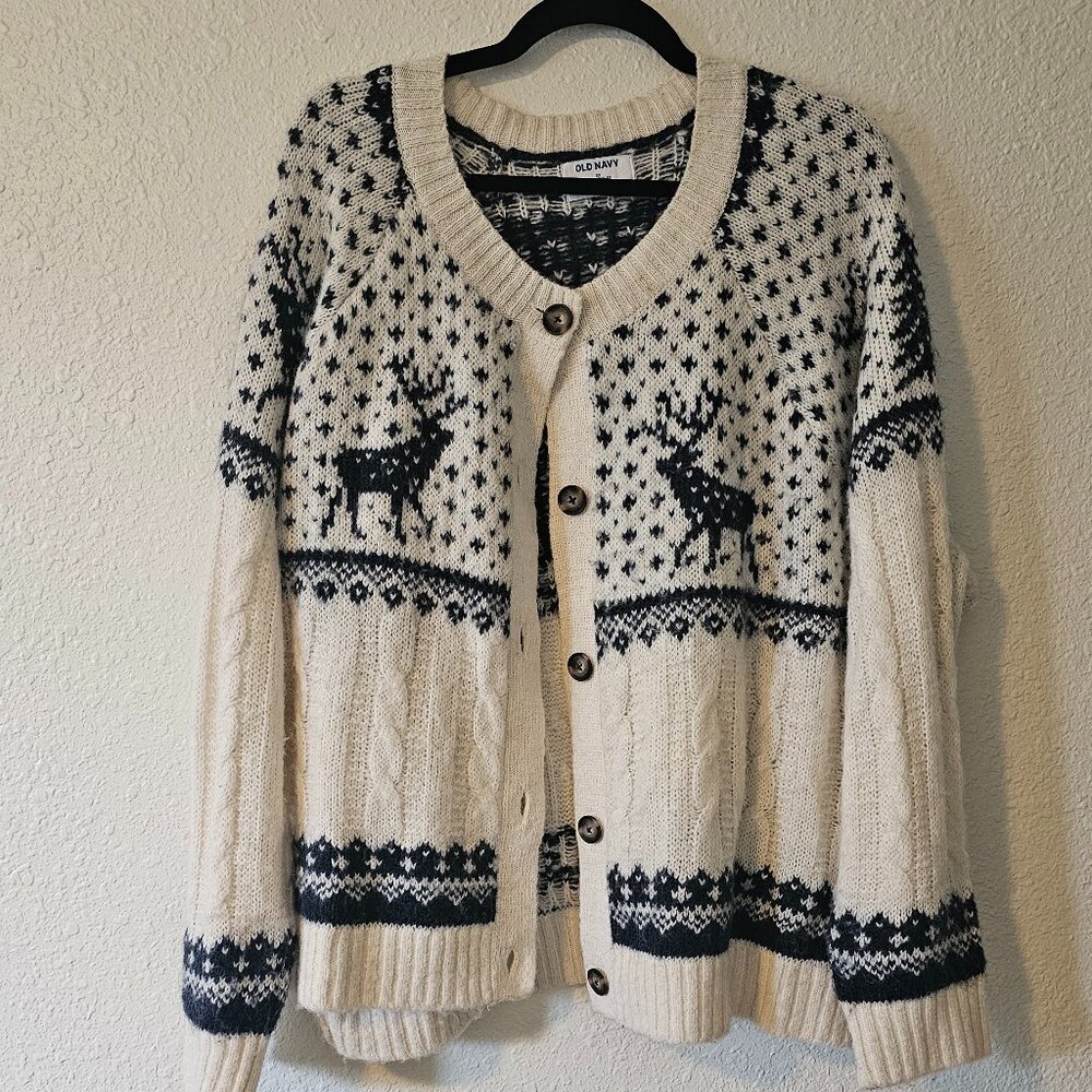 Old Navy Fair Isle Blue & White Cardigan Sweater Deer & Tree Pattern